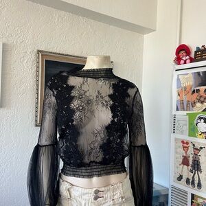 Women's Black Sheer Lace Long-Sleeve Blouse